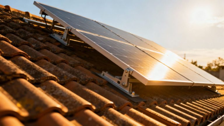 Panneaux solaires sur un toit orientés vers le soleil.