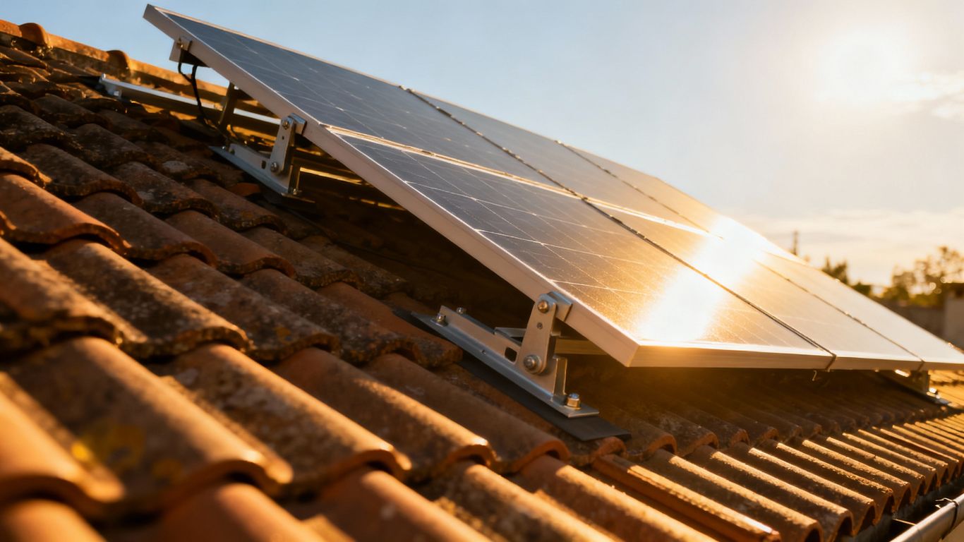 Panneaux solaires sur un toit orientés vers le soleil.