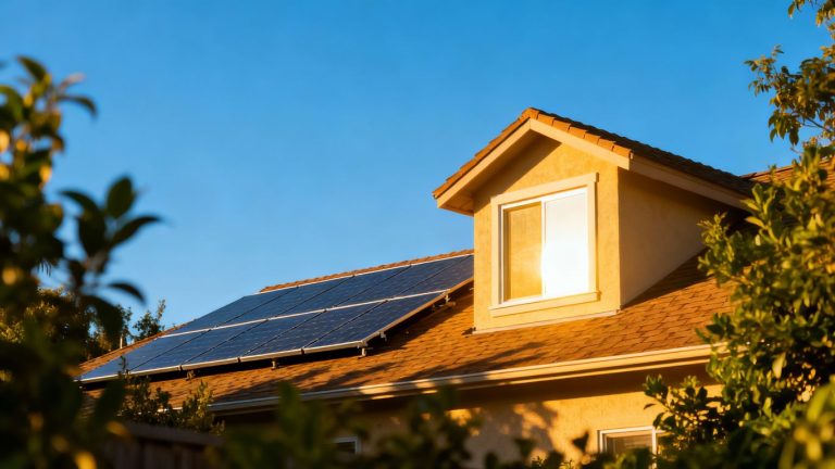 Panneaux solaires sur un toit avec une maison et un ciel bleu.