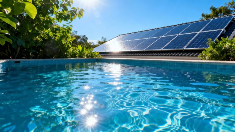 Panneaux solaires chauffant une piscine ensoleillée.