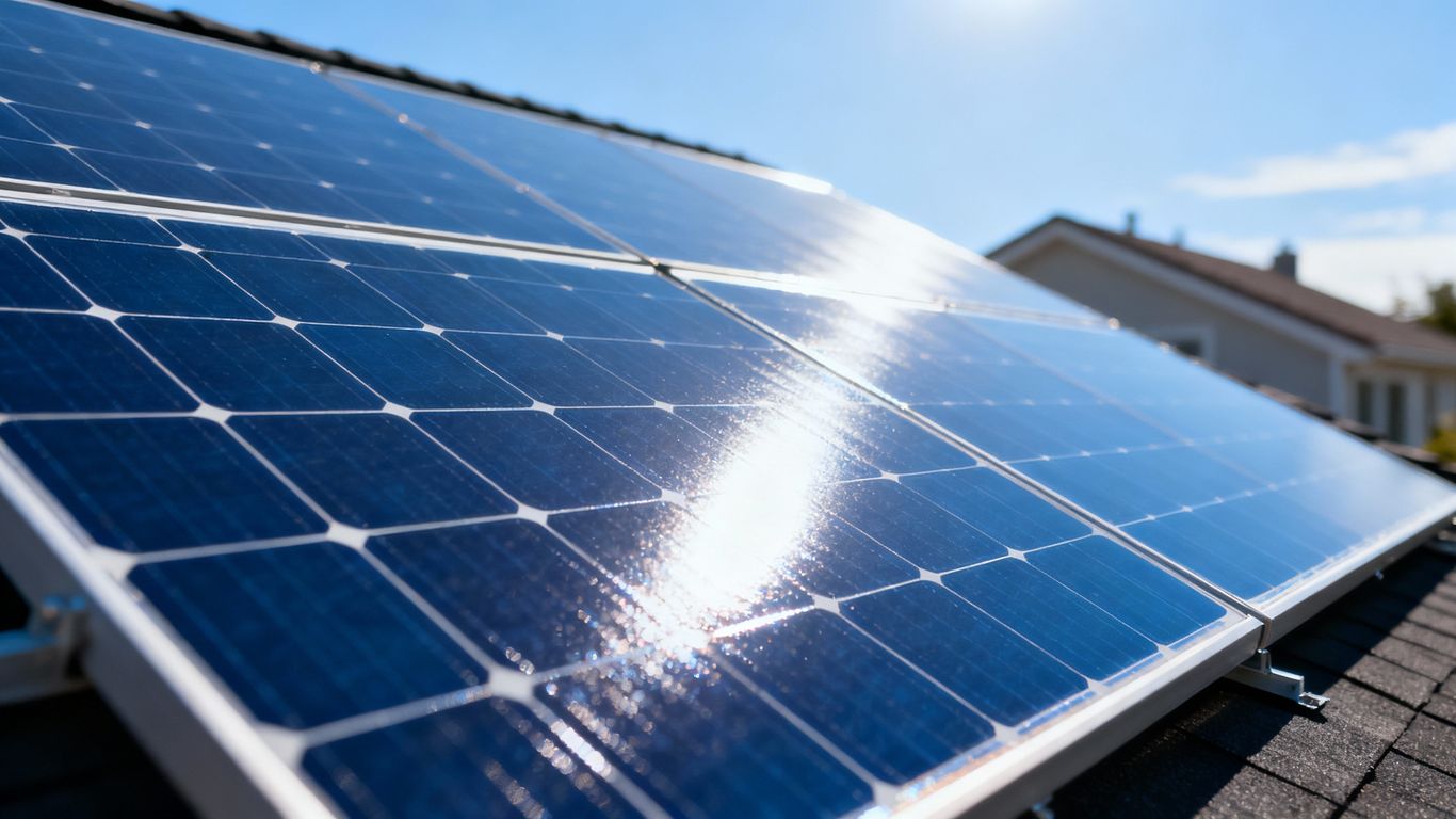 Panneaux solaires sur un toit sous un ciel bleu.