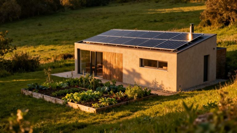 Maison autonome dans un paysage verdoyant avec panneaux solaires.
