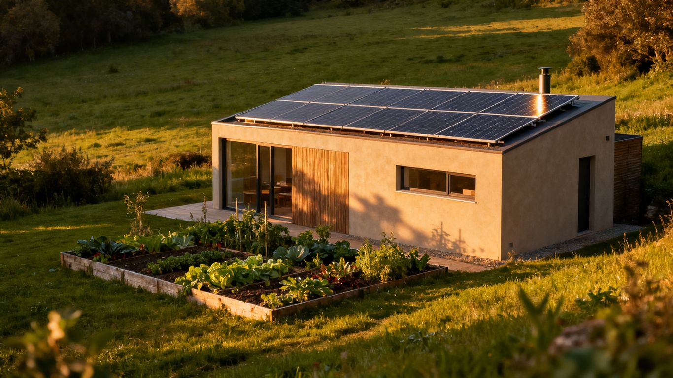 Maison autonome dans un paysage verdoyant avec panneaux solaires.