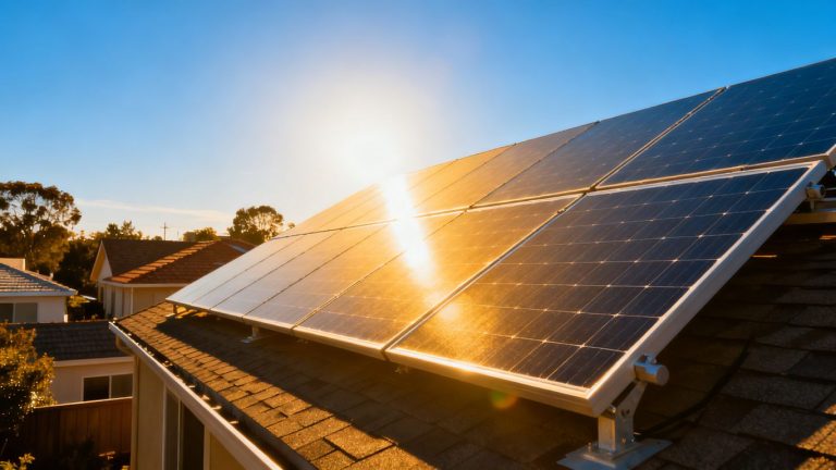 Panneaux solaires sur un toit sous le soleil.