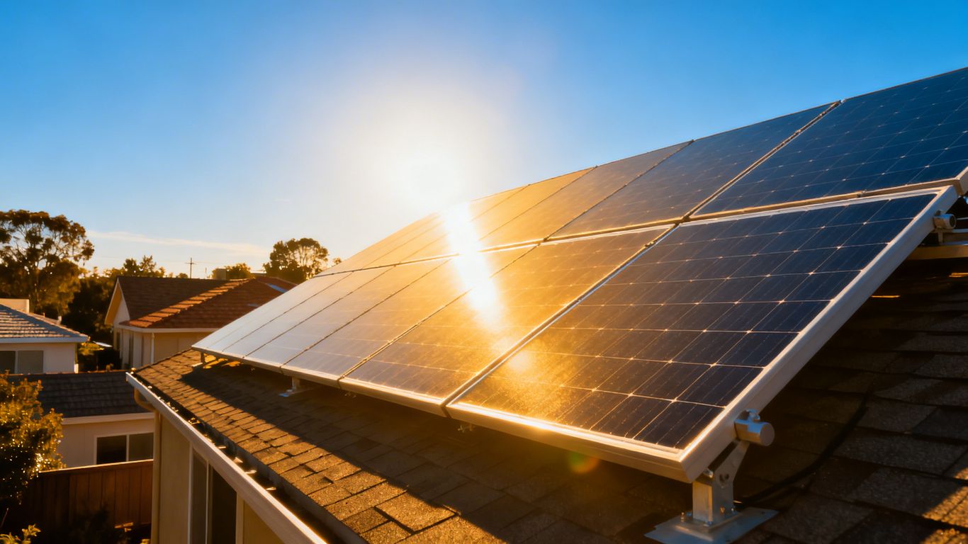Panneaux solaires sur un toit sous le soleil.