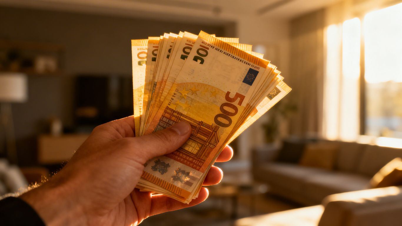 Main qui tient des billets d'euros devant une maison.