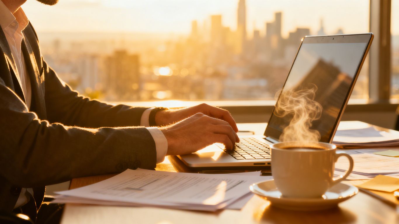 Personne travaillant dans un bureau lumineux avec succès.