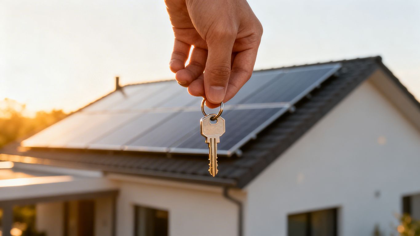 Panneau solaire sur un toit avec une main tenant une clé.