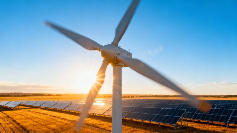 Éolienne et panneaux solaires sous le soleil.