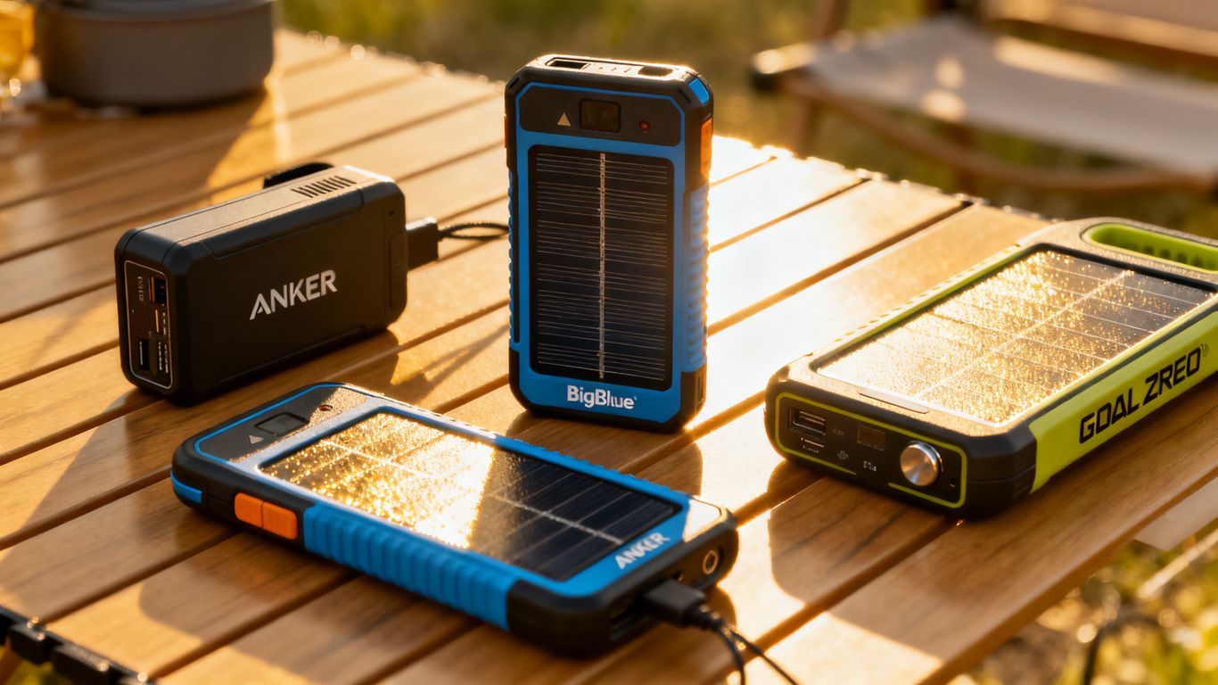 Chargeurs solaires portables Anker, BigBlue, Goal Zero en extérieur.